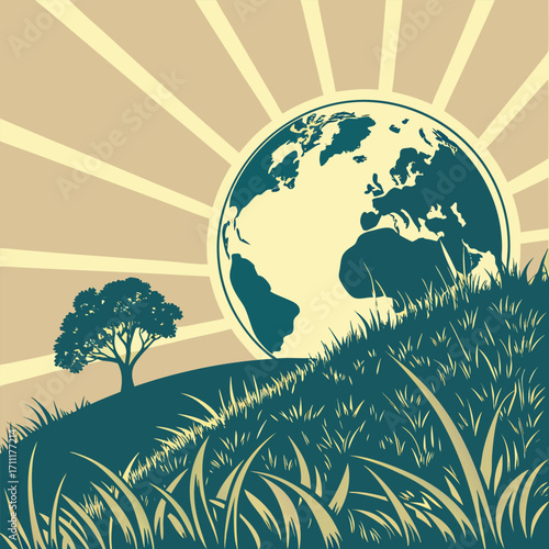 Earth on a grassy hill with a lone tree globe planet