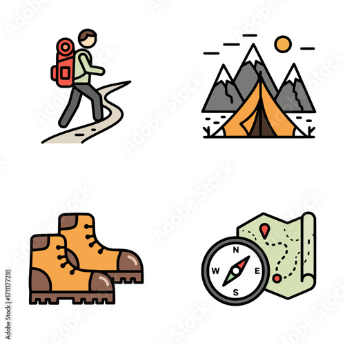 Cartoon style hiking and camping icons with tent, hiker, mountain landscape, navigation map, and trekking boots for travel design