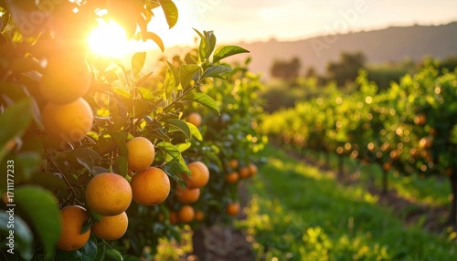 Orange Orchard at Sunset, Vibrant Fruit Trees