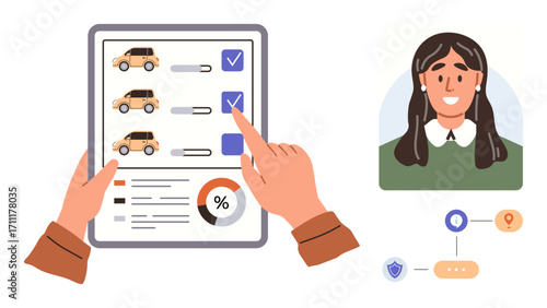 Hands evaluate car options on checklist, choosing preferences. Smiling woman portrait and diagram enhance theme. Ideal for decision-making, car rental, planning, customer data, surveys, organization