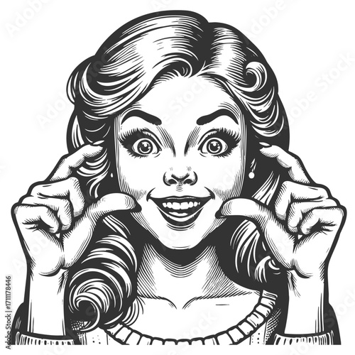 smiling woman, holding her fingers close together as if showing something small sketch engraving generative ai fictional character vector illustration. Scratch board. Black and white image.