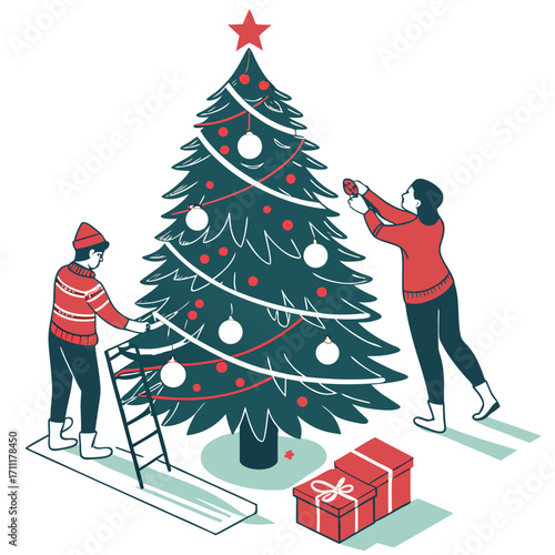 Two people decorating a Christmas tree with ornaments and lights