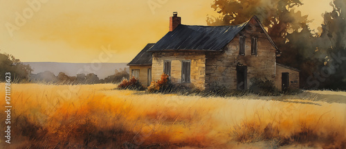 Watercolor painting of old house in field landscape art illustration