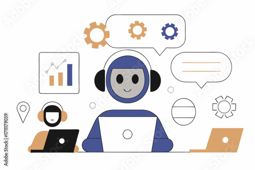 Modern AI assistants collaborate on data analysis and communication, driving business success with smart technology.