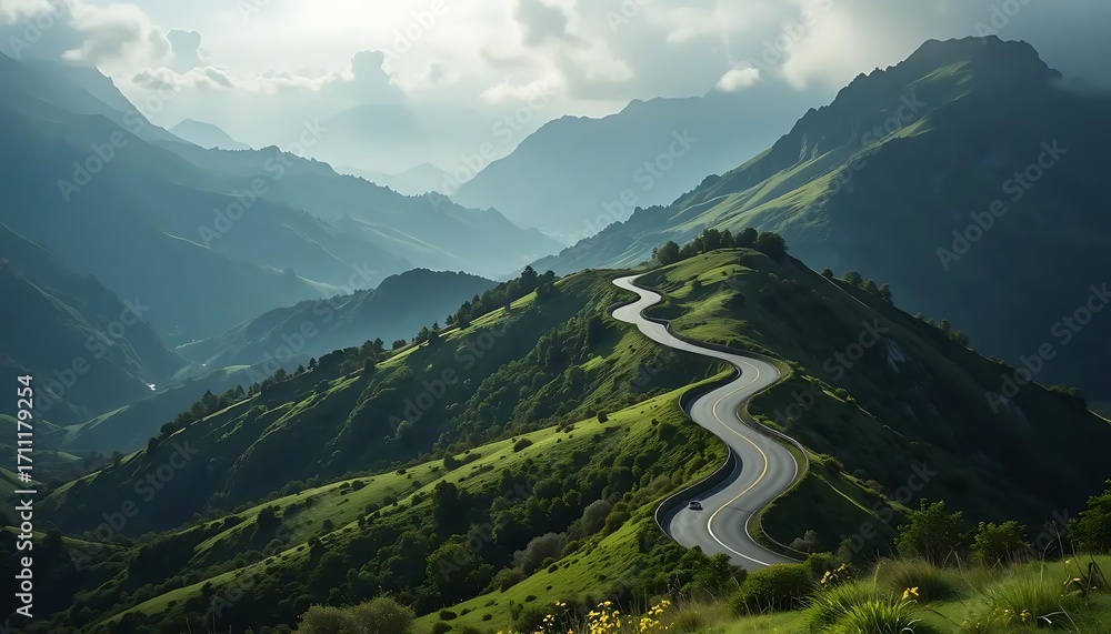 Fototapeta premium Scenic mountain road winds through lush green hills under a cloudy sky offering adventure views