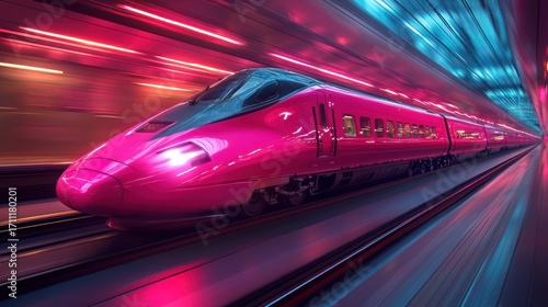 High speed train in neon tunnel