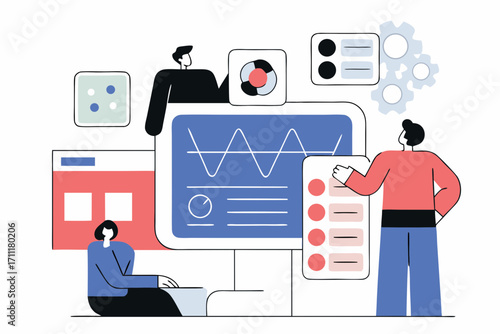 Team collaborates on data analysis and project management, visualizing insights for business growth.