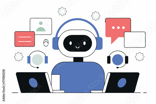 Friendly robot assistant offering support with headphones and laptops, perfect for tech and service concepts.