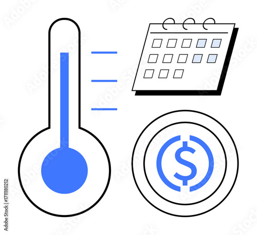 Thermometer showing progress, calendar with marked dates, and dollar coin representing financial goals. Ideal for fundraising, budgeting, planning, deadlines, strategy, goal setting simple flat