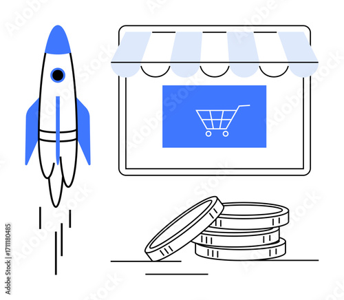 Rocket launching beside a digital storefront with a cart icon and stacked coins representing progress, online shopping, and business growth. Ideal for e-commerce, marketing, entrepreneurship