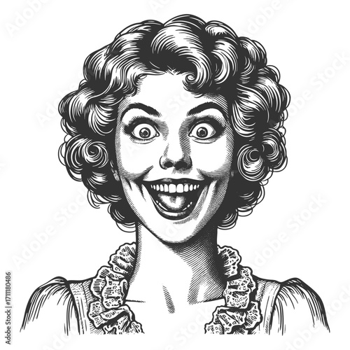 young woman with curly hair, wide eyes, and an exaggerated crooked smile of surprise sketch engraving generative ai fictional character vector illustration. Scratch board imitation. Black and white.