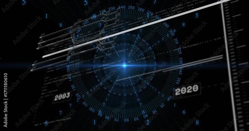 After pause HUD rotating ring animating data branches and fading year labels visualizing timeline