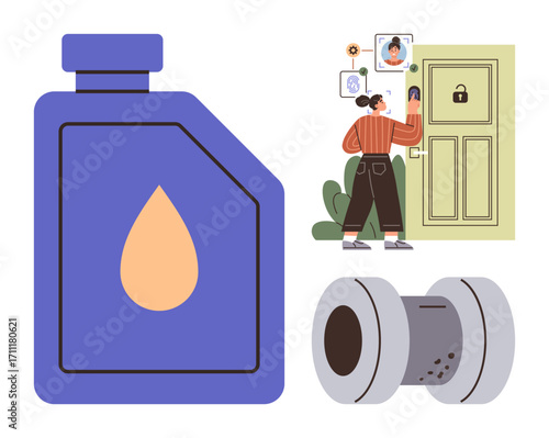 Woman uses biometric scanner to unlock door, with large bottle, smart lock, and cylinder concept. Ideal for technology, security, innovation, convenience, smart home biometrics simple flat metaphor