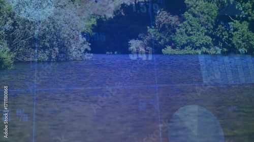 Opening lake showing tree-lined shore while data metrics rising and visualizing realtime trends