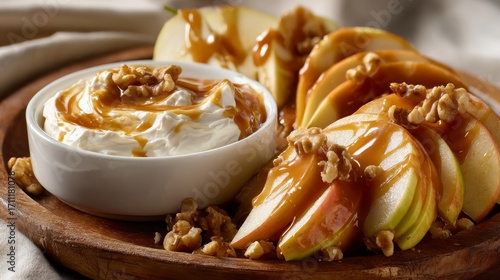 A close-up of a creamy caramel apple dip setup: a rustic wooden platter holds glossy, fresh apple slices with a rich drizzle of golden caramel.