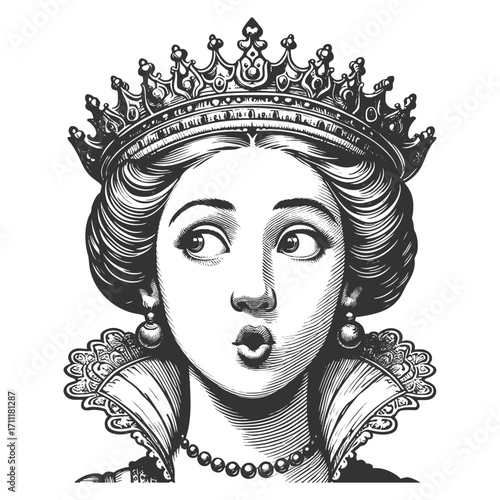 royal queen wearing an ornate crown and jewelry, with wide eyes and surprised expression sketch engraving generative ai fictional character vector illustration. Scratch board. Black and white image.