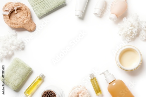 Skincare Beauty Products on white table, assortment of cosmetics bottles and tubes, healthy cosmetology, spa treatment concept, copy space.