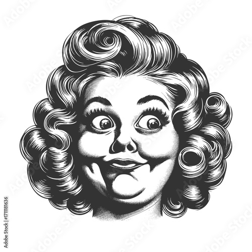 woman with voluminous curled hair, wide-eyed gaze, and exaggerated playful smirk on her face sketch engraving generative ai fictional character vector illustration. Scratch board. Black and white.