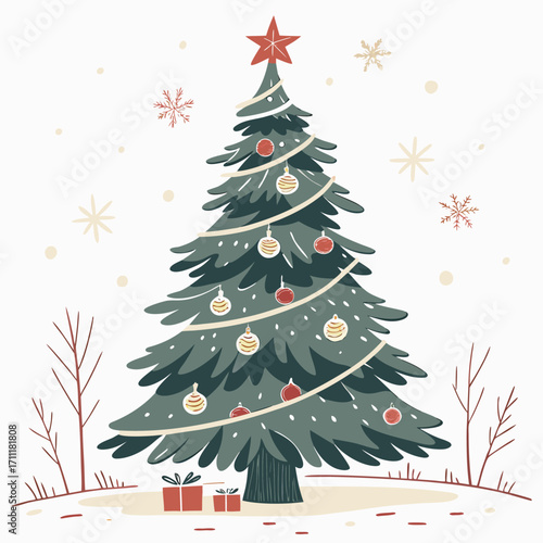 Festive Christmas tree decorated with ornaments and snowflakes