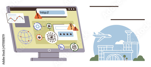 Computer monitor with cybersecurity alerts, password, globe, gear icon, and airplane flying over airport terminal. Ideal for digital security, travel risks, online data, technology global issues