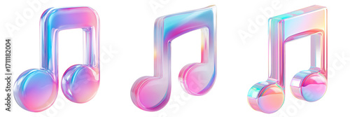 3D Glass Icon Set of Colorful Iridescent Musical Notes in a Minimalistic Artistic Style