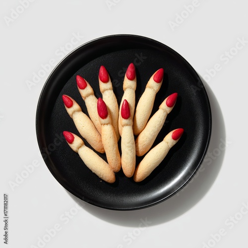 Creepy witch fingers on black plate, almonds as red-tipped nails, spooky snack with eerie flair.