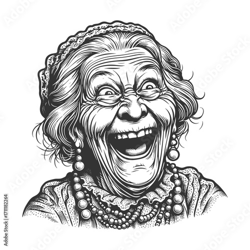 elderly woman with wide smile, curly hair, and pearl necklace, expressing joyful laughter sketch engraving generative ai fictional character vector illustration. Scratch board. Black and white image.