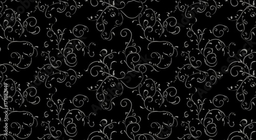 Seamless floral vine pattern in white over black, perfect for posters, branding, and textile printing.