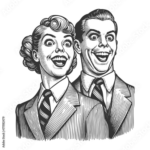 man and woman in suits and ties, both with exaggerated wide-eyed smiles in comic style sketch engraving generative ai fictional character vector illustration. Scratch board. Black and white image.