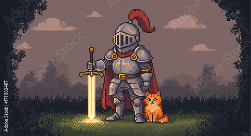 A valiant pixel art knight in shining armor, accompanied by his loyal ginger cat, stands proudly with a glowing sword amidst a mystical forest path, ready for a grand adventure