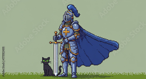 A valiant pixel art knight in shining blue armor stands guard with his loyal black cat, ready for adventure in a retro fantasy world