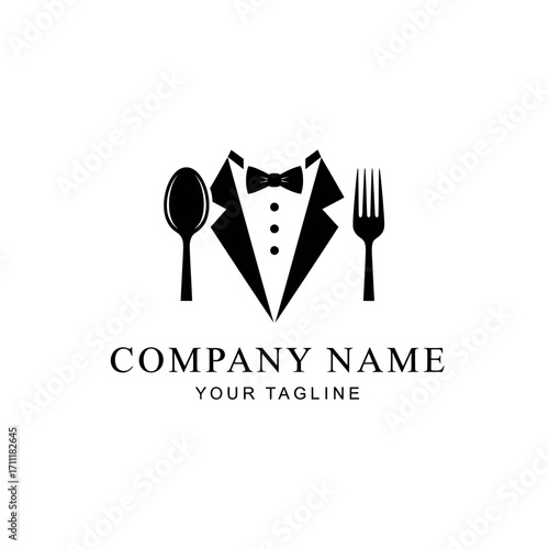 A black and white logo featuring a spoon as a head, a bow tie, and a tuxedo, with a fork and a small plate on the side, representing a formal dining or catering service.