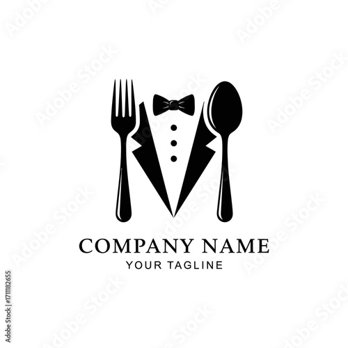 A black and white logo featuring a spoon as a head, a bow tie, and a tuxedo, with a fork and a small plate on the side, representing a formal dining or catering service.