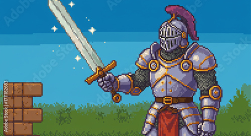 A pixelated brave knight stands strong in gleaming armor, holding his majestic, sparkling sword high, embodying courage and heroic fantasy in a classic retro video game art style