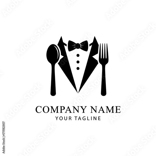A black and white logo featuring a spoon as a head, a bow tie, and a tuxedo, with a fork and a small plate on the side, representing a formal dining or catering service.