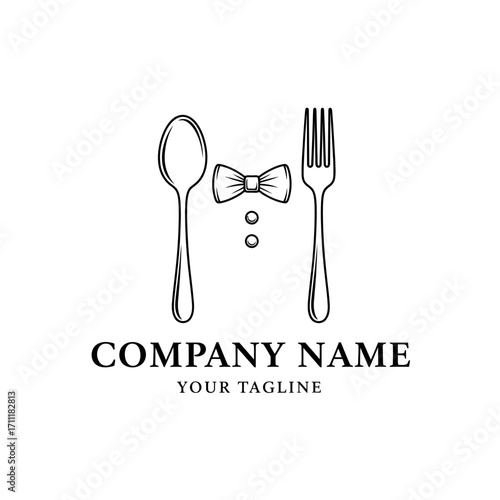 A black and white logo featuring a spoon as a head, a bow tie, and a tuxedo, with a fork and a small plate on the side, representing a formal dining or catering service.