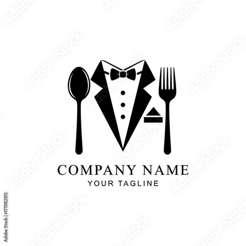 A black and white logo featuring a spoon as a head, a bow tie, and a tuxedo, with a fork and a small plate on the side, representing a formal dining or catering service.