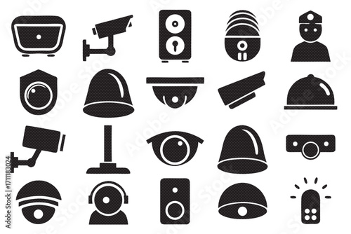 Security camera icons, surveillance and protection system, cctv equipment, video control, and monitoring technology set