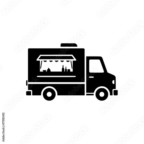 Street food truck icon vector showing portable kitchen, mobile fast food dining, and event catering in bold black silhouette.