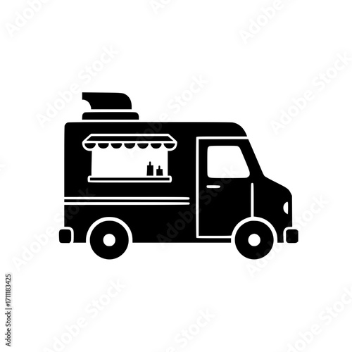 Food truck icon vector with side awning, representing mobile street food, fast dining, and outdoor catering services in flat black silhouette.