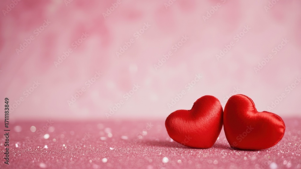 Obraz premium Two red hearts on a pink glittery surface, symbolizing love, romance, and valentines day, perfect for backgrounds and romantic themes