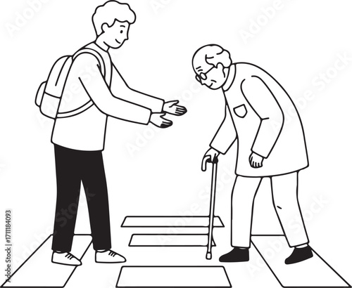 A caring young person assisting an elderly man with a cane across a crosswalk