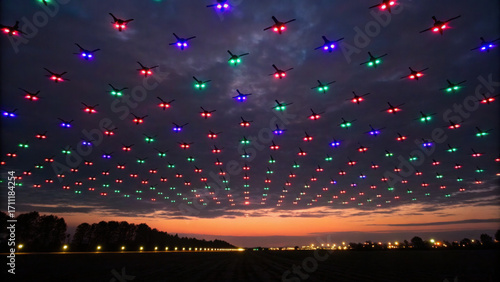 Mesmerizing swarm of drones with colorful lights forms synchronized pattern against twilight sky, creating futuristic and artistic display