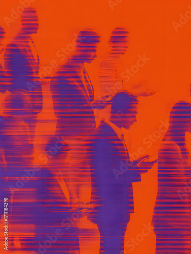 Abstract depiction of business people with a digital glitch effect.