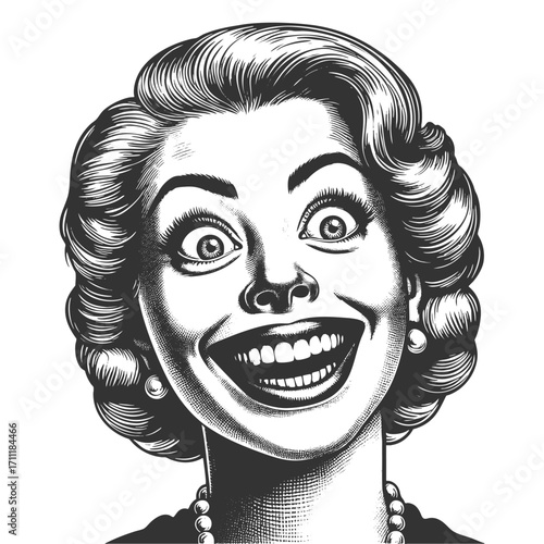 woman, wide eyes, and an overly exaggerated smile, humorous and surreal portrait sketch engraving generative ai fictional character vector illustration. Scratch board imitation. Black and white image.