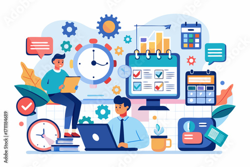 Dynamic business team plans projects, manages time, and achieves goals in modern office setting
