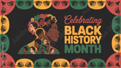 Celebrate black history month with a vibrant design featuring diverse faces and cultural symbols, honoring the rich heritage and contributions of black community
