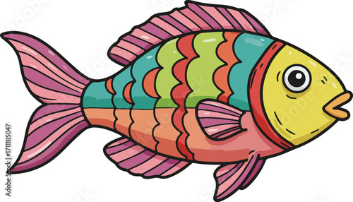  A hand-drawn, colorful, and vibrant illustration of a tropical fish on a white background