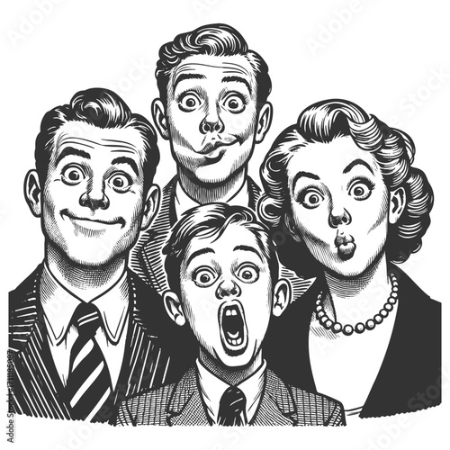 quirky family portrait showing a father, mother, and son making exaggerated silly faces sketch engraving generative ai fictional character vector illustration. Scratch board. Black and white image.