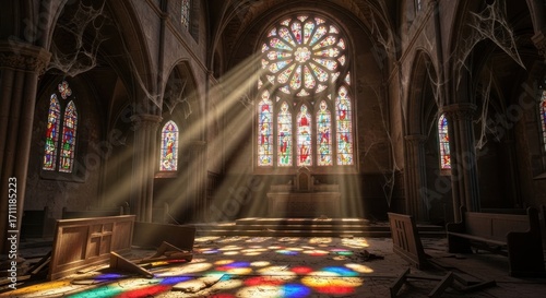Interior view of an abandoned church with stained glass windows and sun rays shining through them brightly
